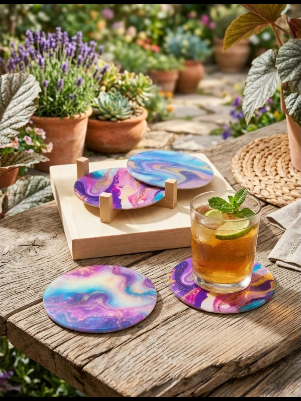 Artistic Fluid Art Coasters with Wood Holder Set of 4 • Purple Blue Marble Look!