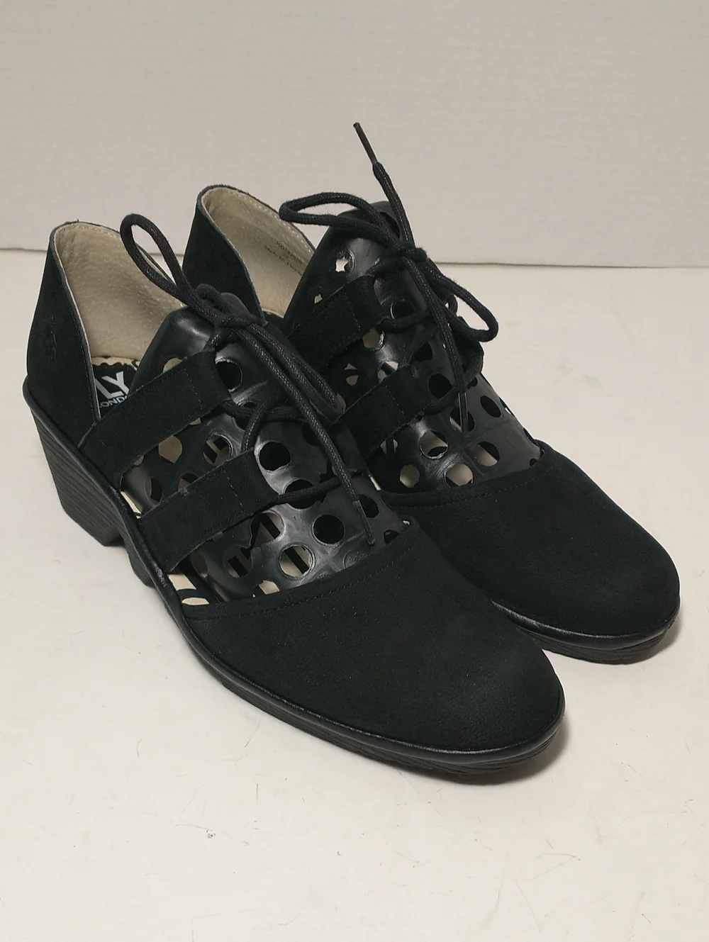 LIKE NEW Fly London Poma Tie Wedge Sandal, Covered Toe, Black, Euro 39, US 8