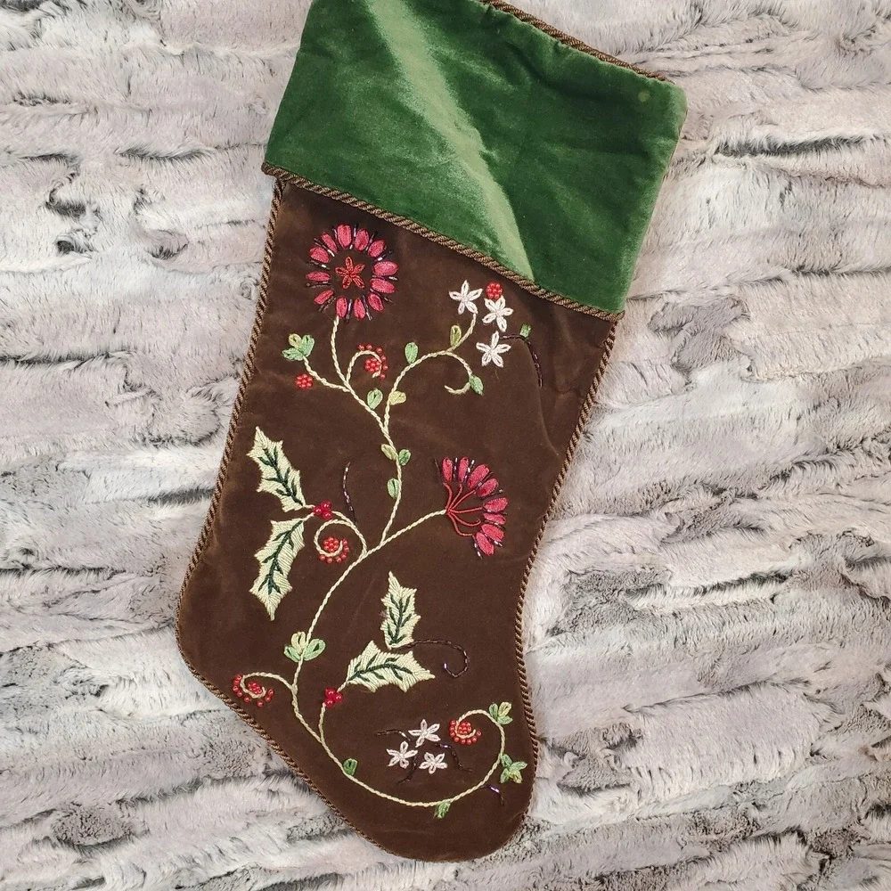 Prima Creations Beaded Floral Christmas Stocking Brown Green Velvet 17‎ Inch