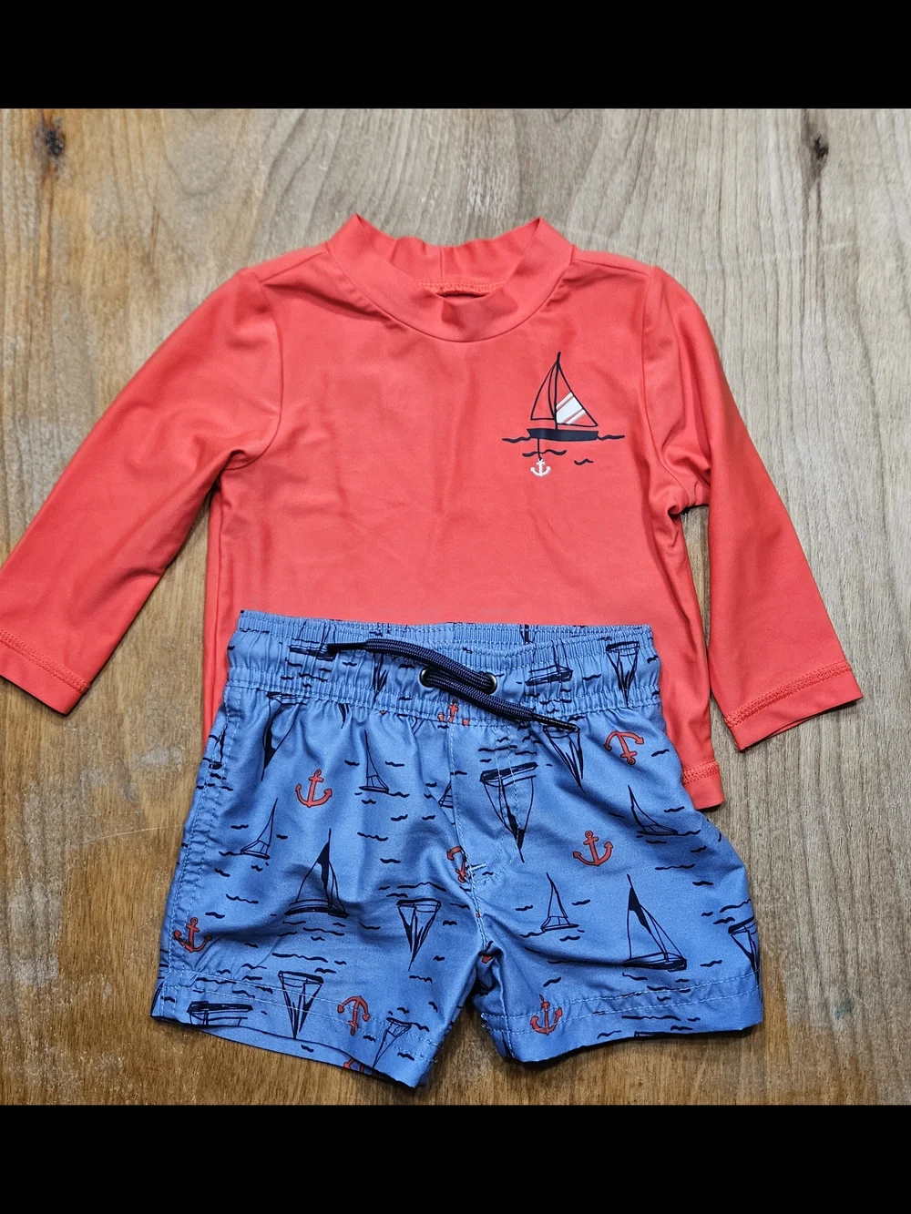 Carter's Coral Long-Sleeve Rashguard with Blue Sailboat Swim Shorts
