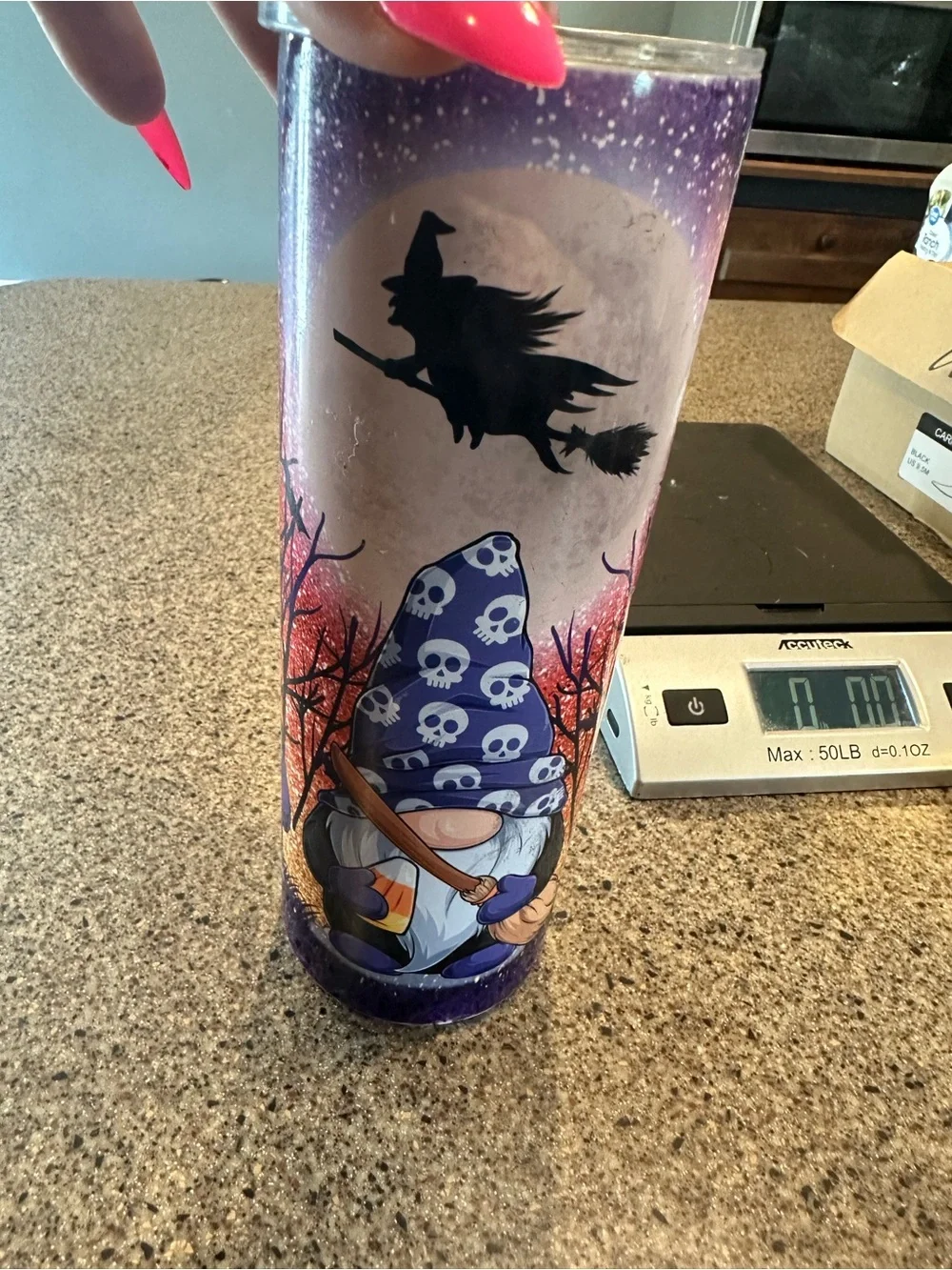 Purple Glitter Halloween Gnome Tumbler with Orange Hat