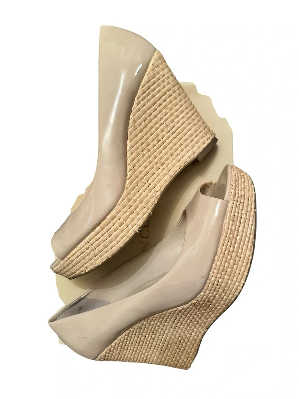 Women’s Franco Sarto Nude Patent Peep-Toe Wedge Heels Size 9M