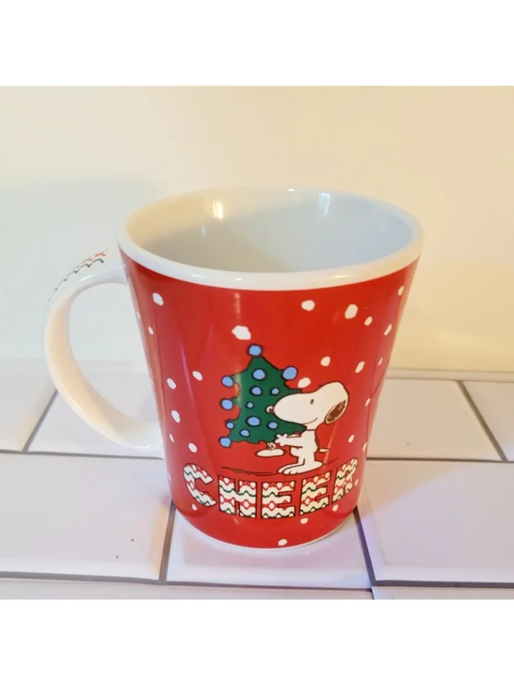 Peanuts Snoopy CHEER Christmas Coffee Mug 16 fl oz Holiday Cup Red Green