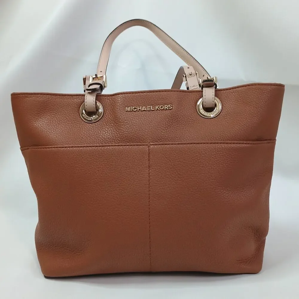 Michael Kors Bedford Pebbled Leather Tote Bag Brown Shoulder Pocket Purse Medium