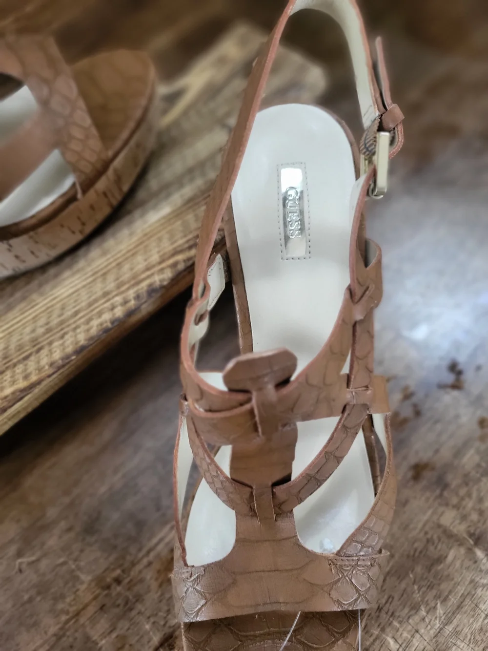 GUESS: Brown Faux-Croc Wedge Sandals with Cork Heel