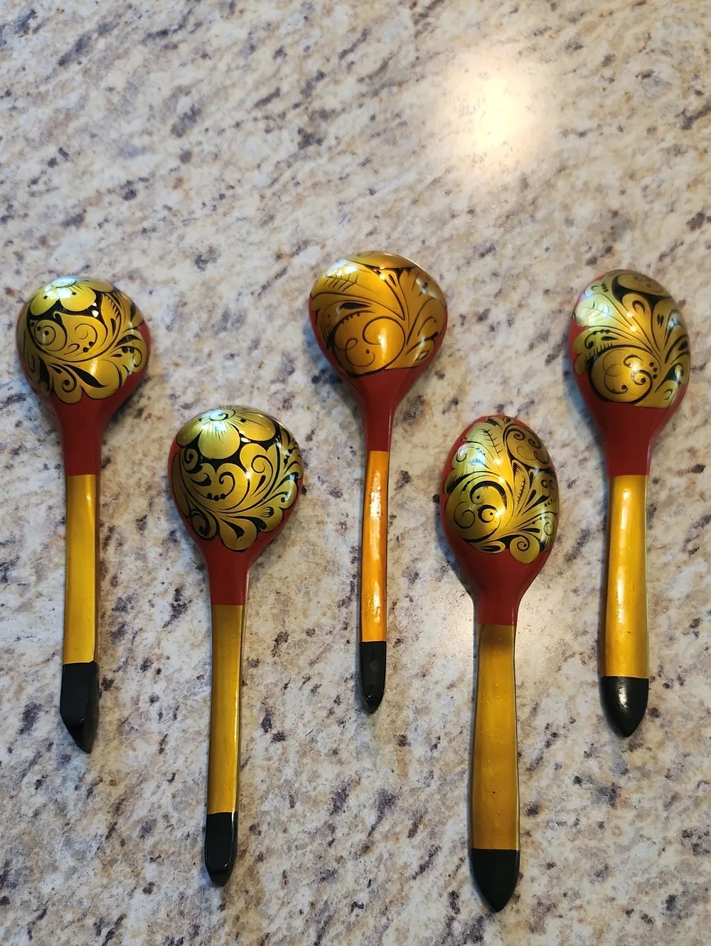 Russian Khokhloma Folk Art Wooden Spoons Set Of 5