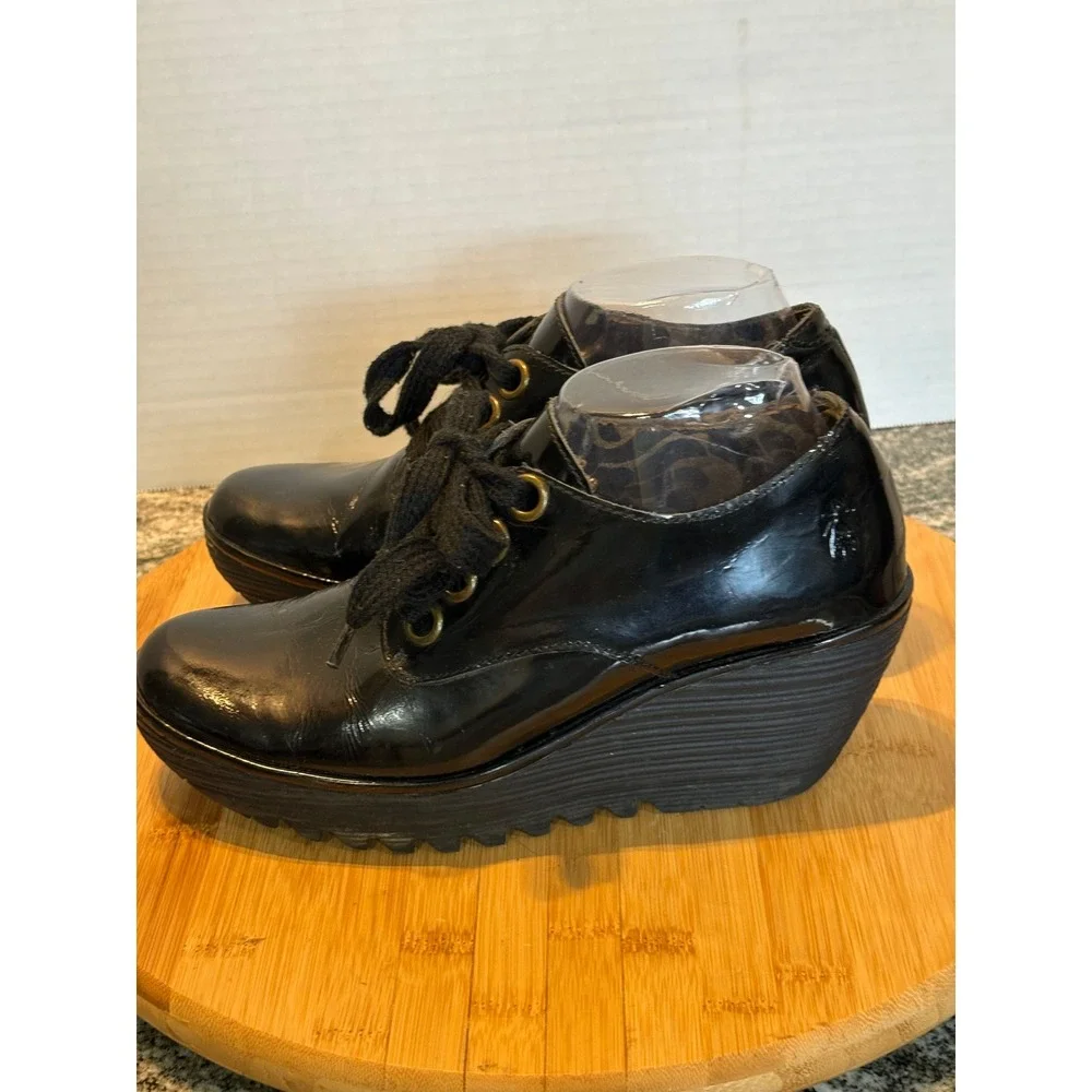 Fly London Yala Black Patent Leather Lace  Wedge Platform Oxfords P500324011 40
