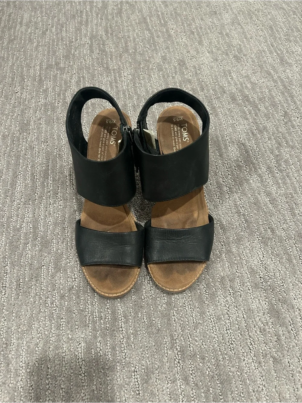 TOMS Black Leather Ankle-Strap Wedge Sandals
