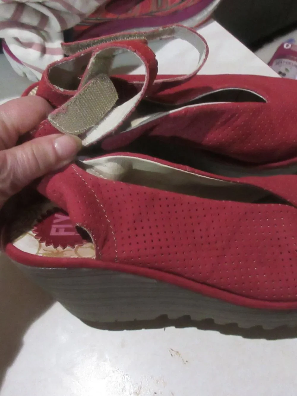Fly London red  suede Leather Peep Toe Wedge Sandals Ankle Strap Womens 41