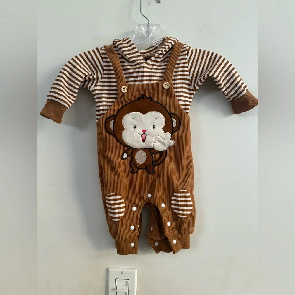 baby unisex corduroy overall set monkey appliqué. hoodie striped size 0/3 M