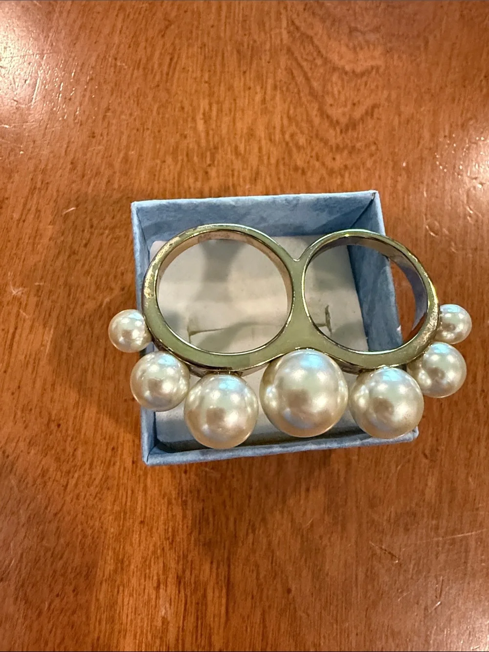 Vintage Designer Signed Double Finger Faux Pearl Statement Ring