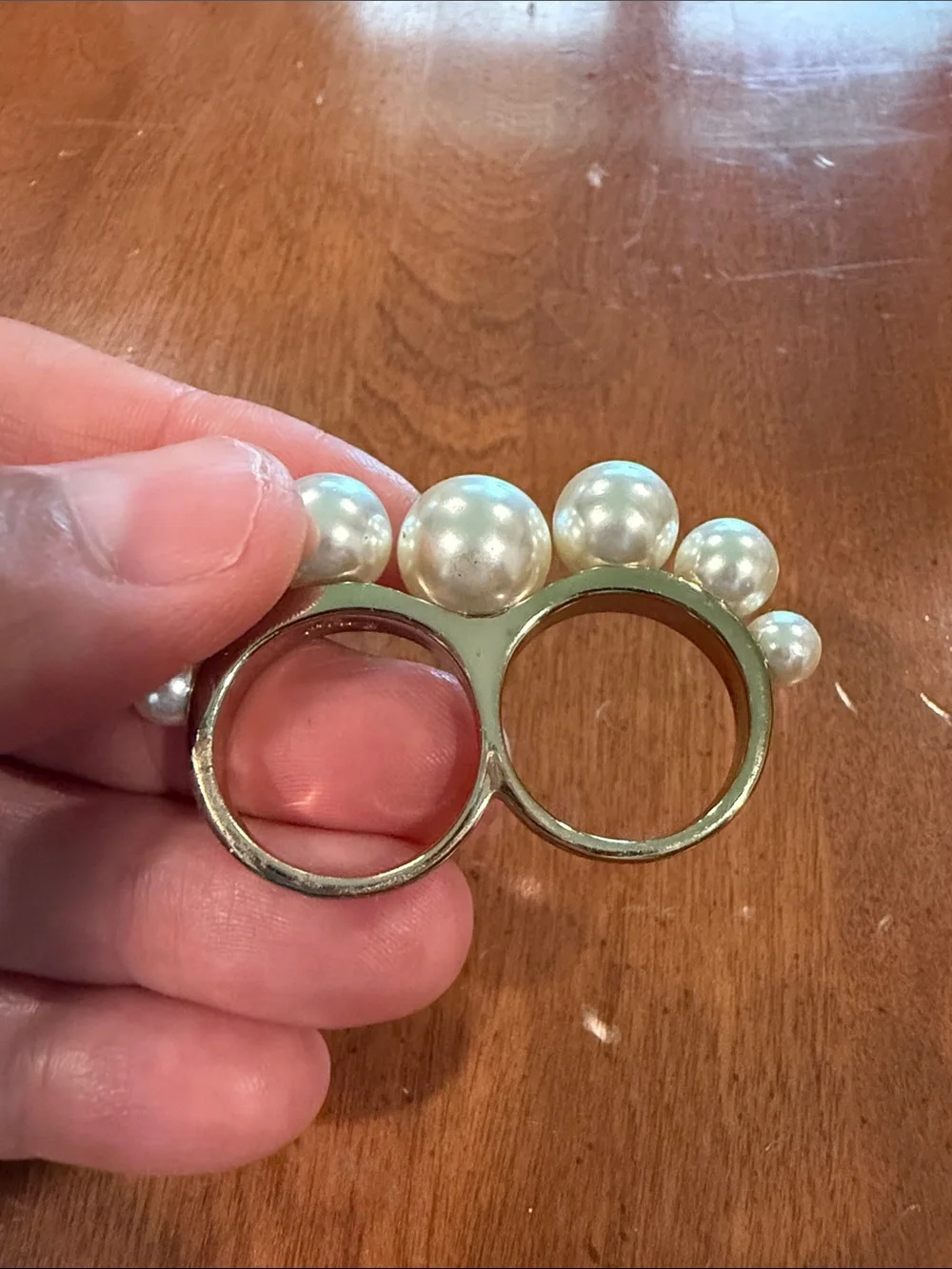 Vintage Designer Signed Double Finger Faux Pearl Statement Ring