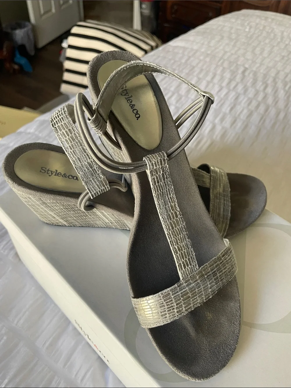 Style & Co. Silver Metallic Strappy Wedge Sandals