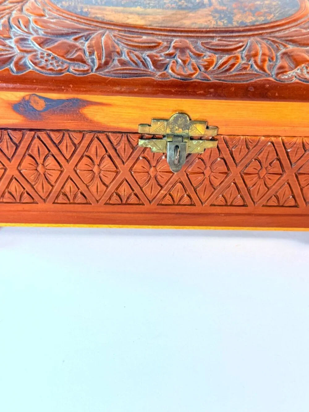 Vintage Wooden Keepsake Box w/ Mirror Floral Carved Jewelry Trinket Storage Box