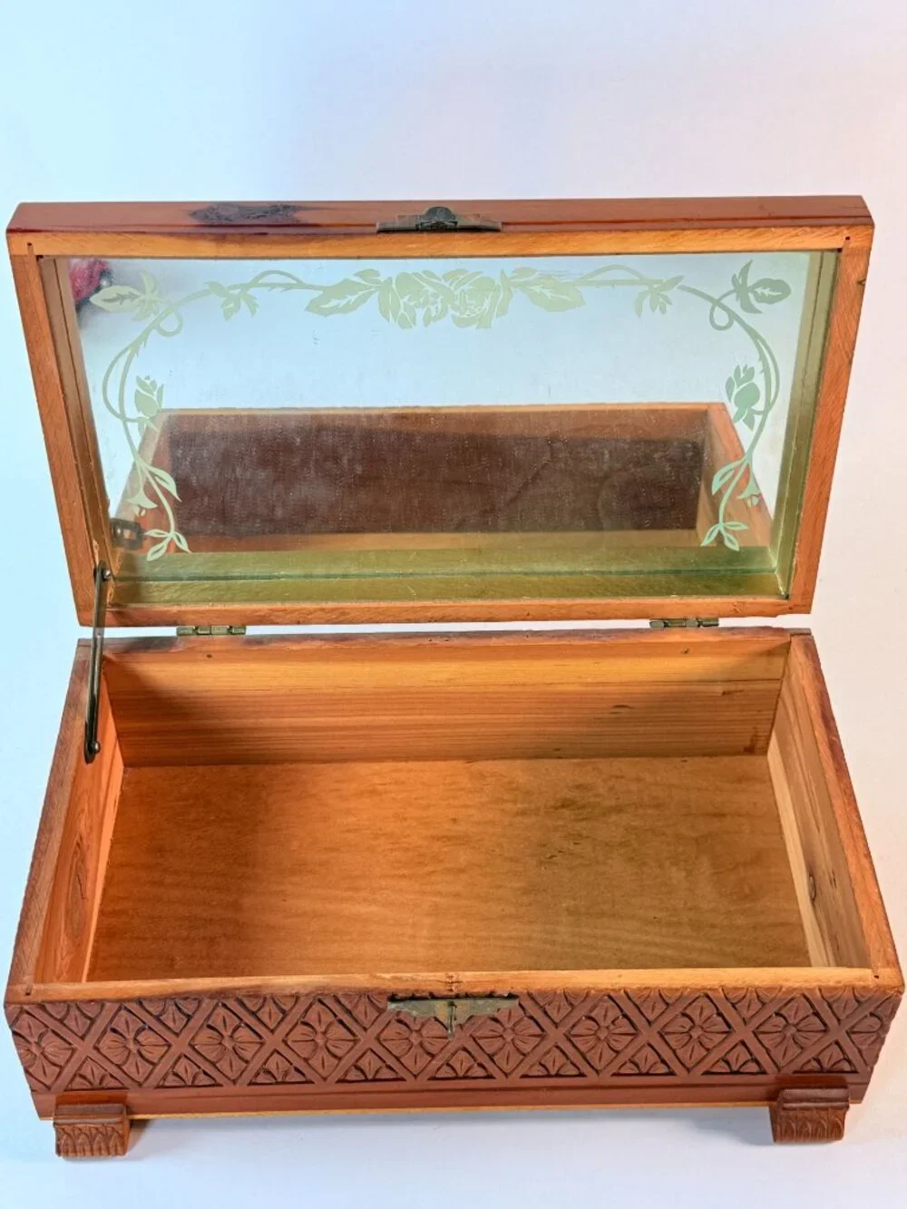Vintage Wooden Keepsake Box w/ Mirror Floral Carved Jewelry Trinket Storage Box