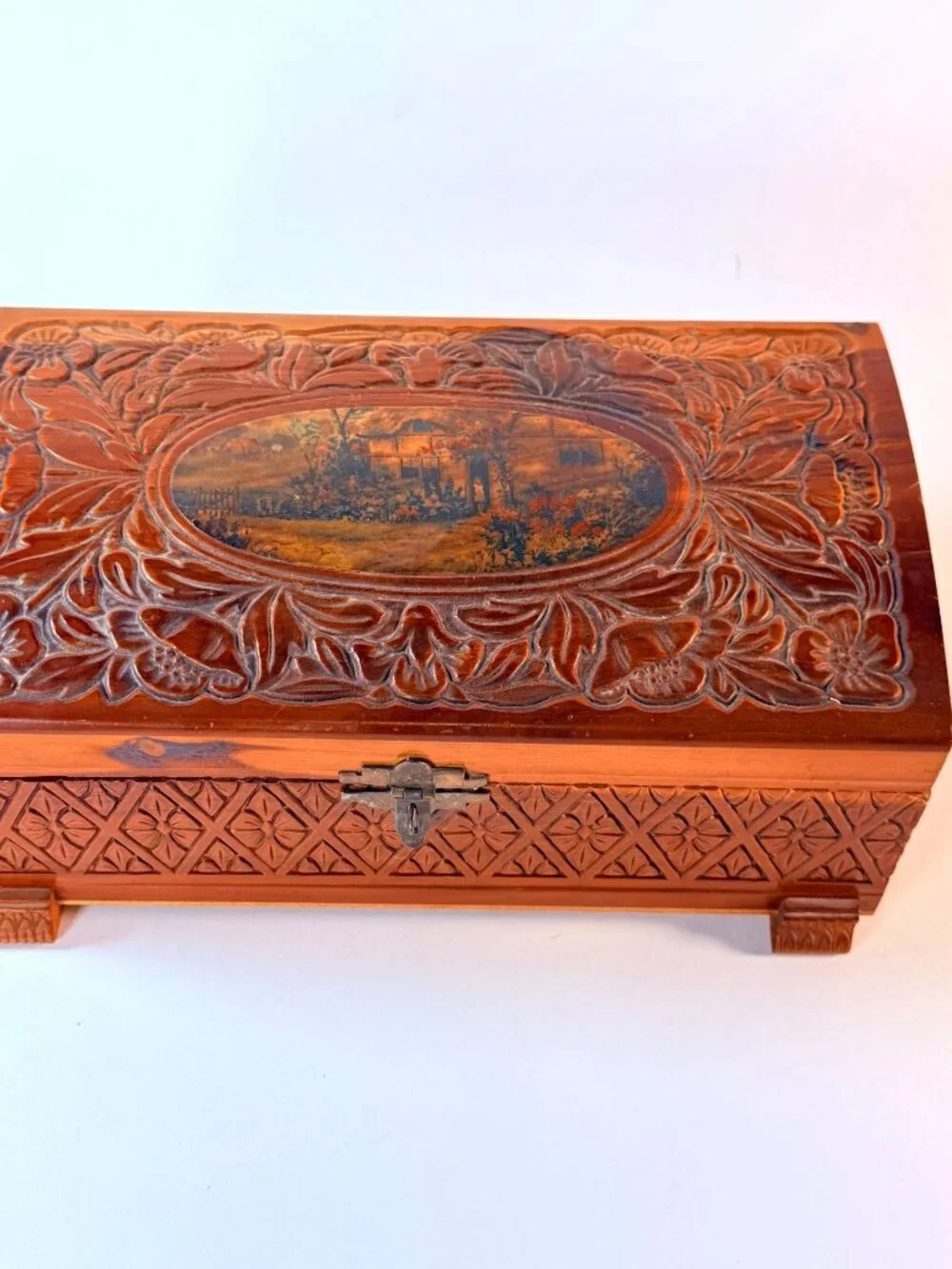 Vintage Wooden Keepsake Box w/ Mirror Floral Carved Jewelry Trinket Storage Box