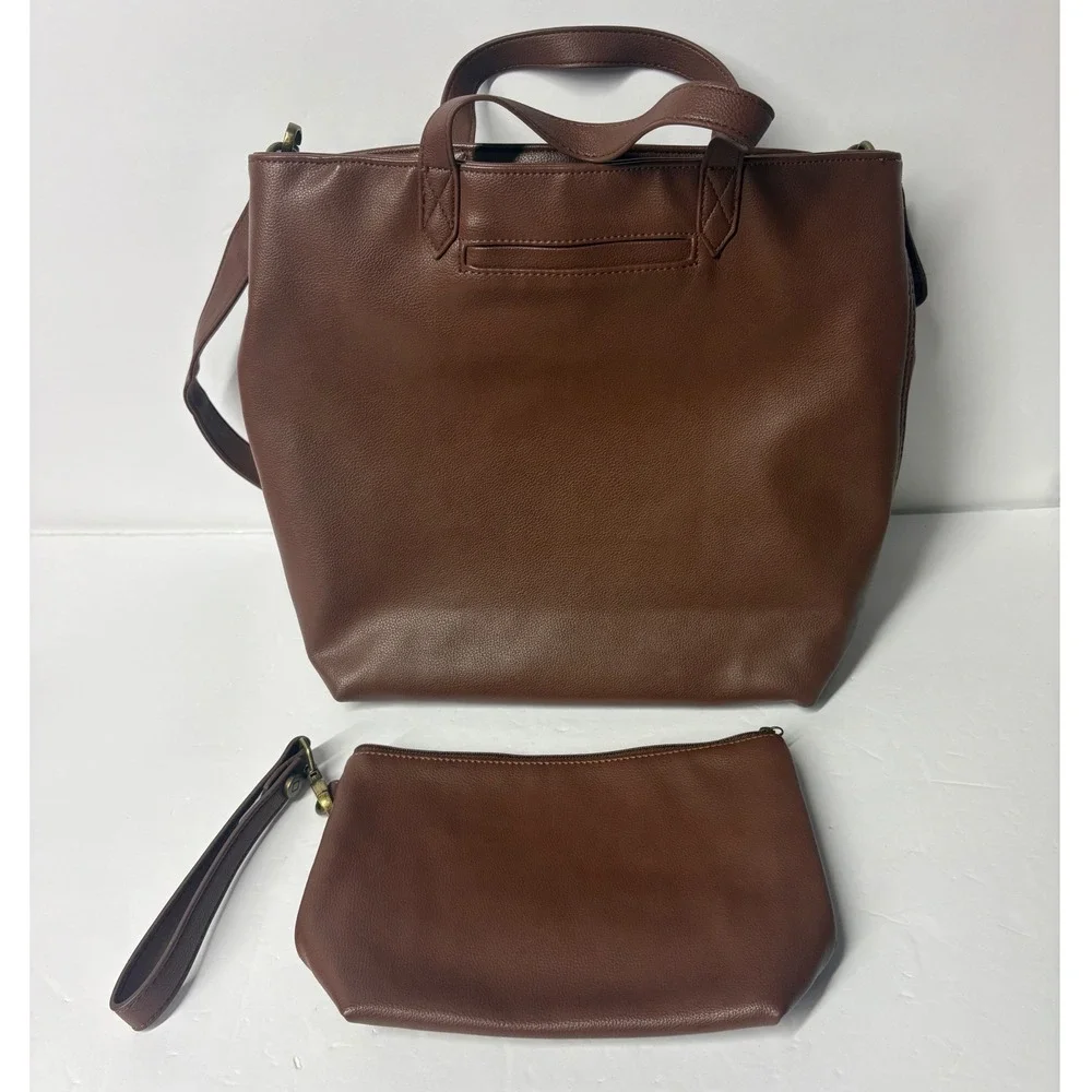 Thirty-One Around Town Tote & Tapered Pouch Set Cappuccino Smooth Pebble Vegan