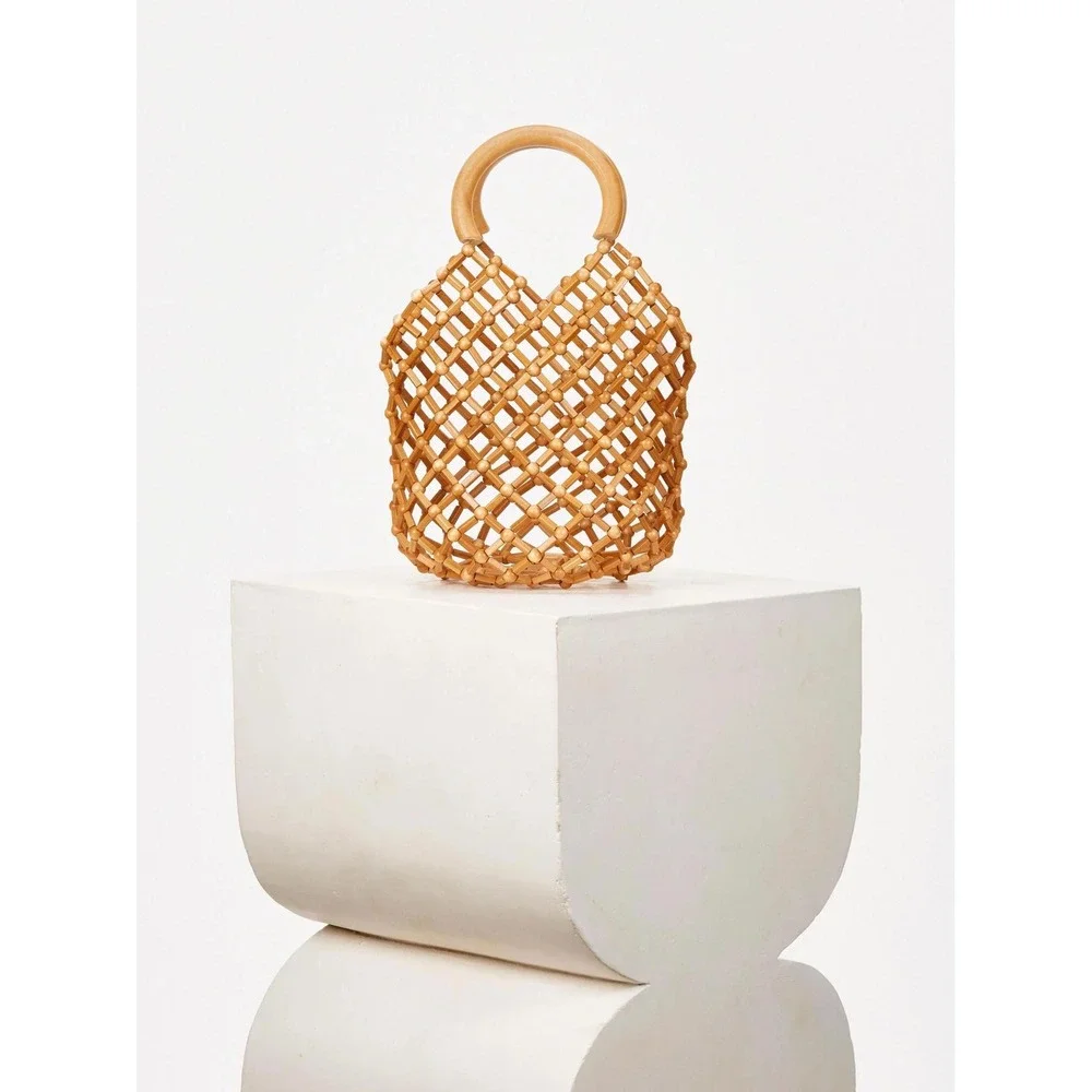 Cult Gaia Emmie Net Tote Bag Natural Bamboo Beaded Lattice Summer Handbag