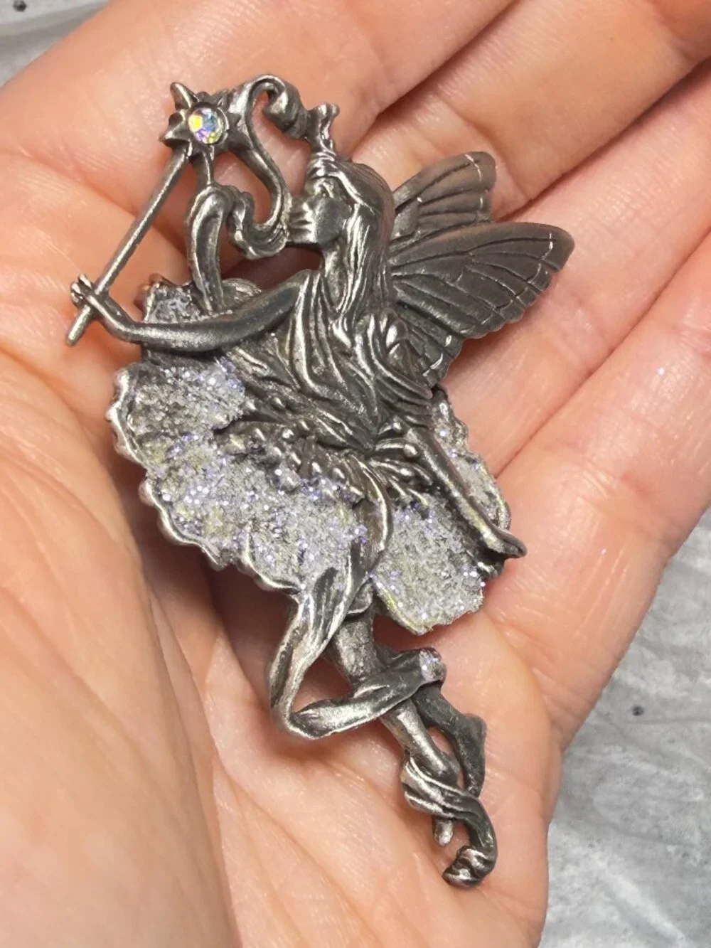 Fairy Angel Brooch Purple Glitter Wand Flower Pewter Vintage JJ Pin 2 inches