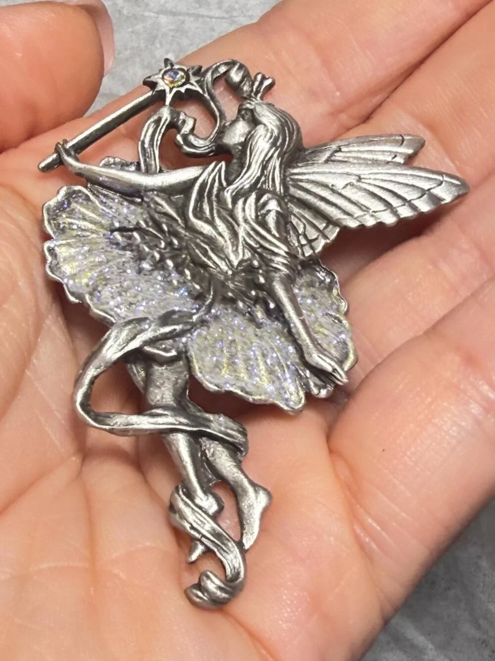 Fairy Angel Brooch Purple Glitter Wand Flower Pewter Vintage JJ Pin 2 inches