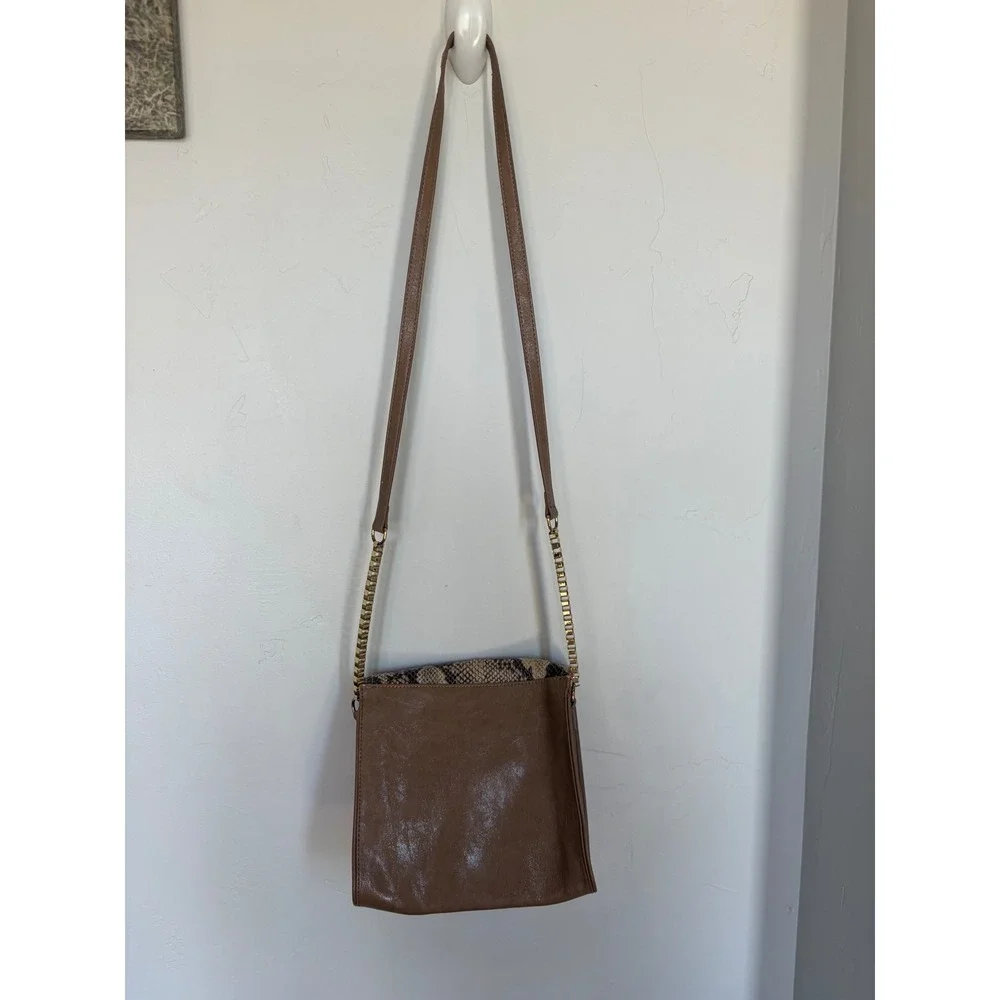 Gianni Bini Crossbody Bag Tan Snakeskin Neon Pink Gold Chain Strap Womens