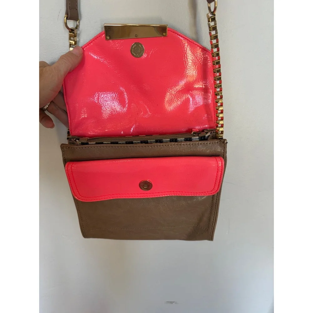 Gianni Bini Crossbody Bag Tan Snakeskin Neon Pink Gold Chain Strap Womens