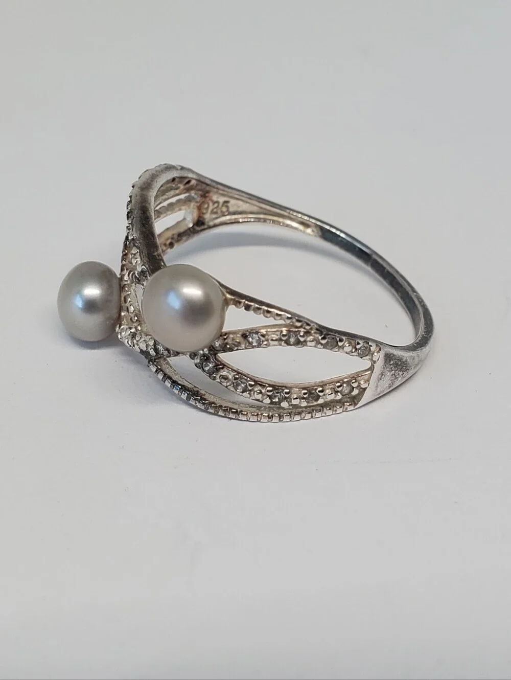 Avon Sterling Silver Pearl CZ Bypass Ring
