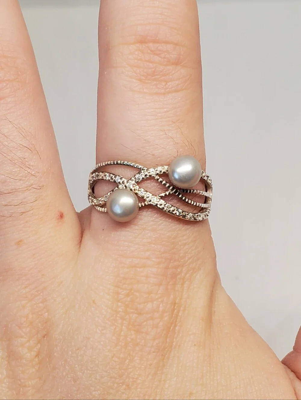 Avon Sterling Silver Pearl CZ Bypass Ring