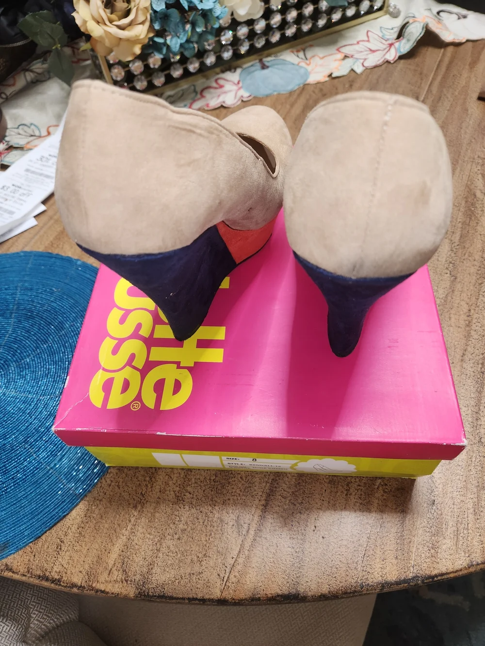 Charlotte Russe Beige Suede Wedges with Navy & Coral Colorblock