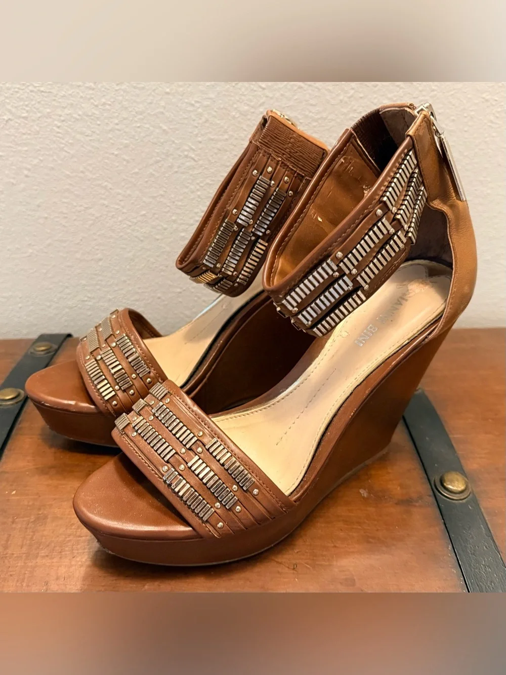 Gianni Bini Brown Wedge Sandals with Metallic Bead Accents