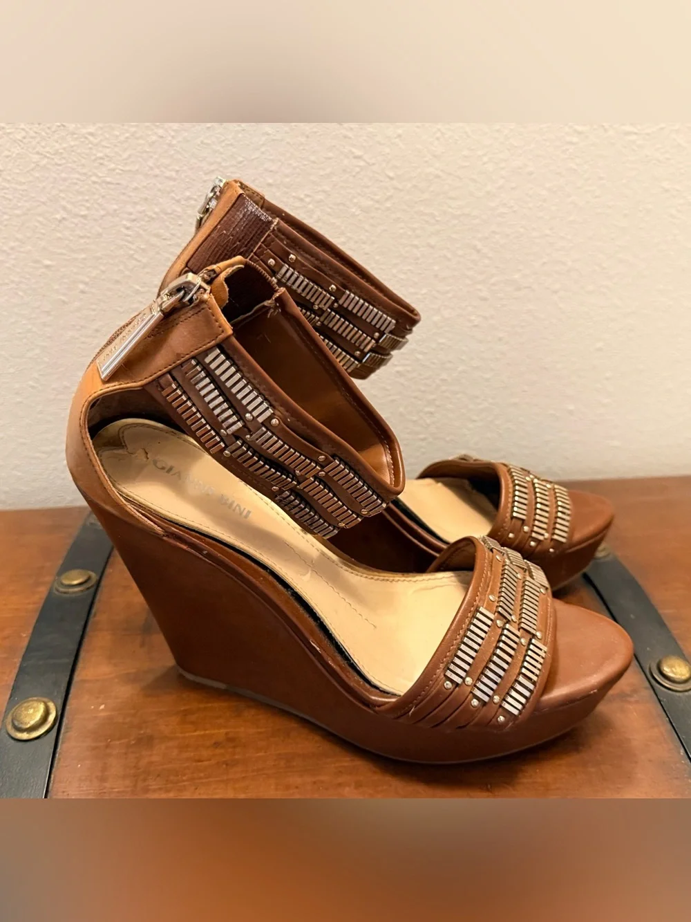 Gianni Bini Brown Wedge Sandals with Metallic Bead Accents