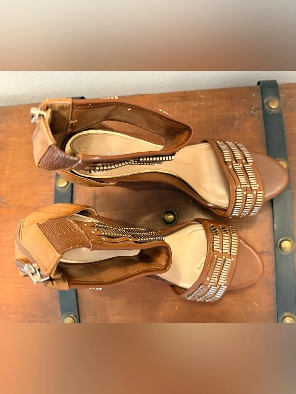 Gianni Bini Brown Wedge Sandals with Metallic Bead Accents