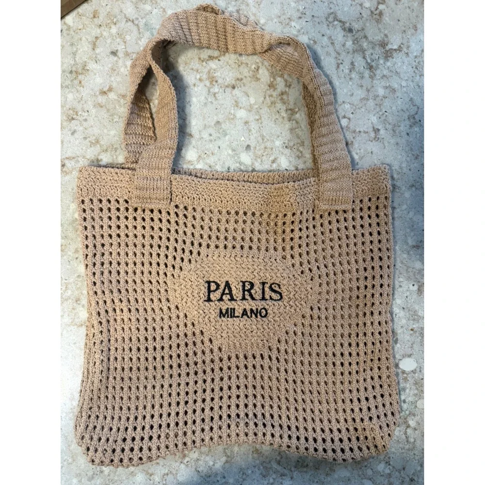 Paris Milano Crochet Knit Mesh Tote Bag Tan Beige Boho Market Shopper Handbag