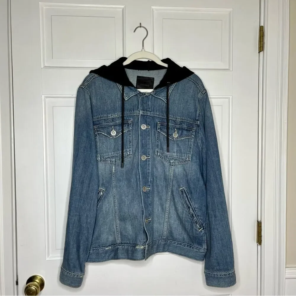 Paige Scout Mid-Wash Denim Jean Jacket with Black Drawstring Hoodie Size XL