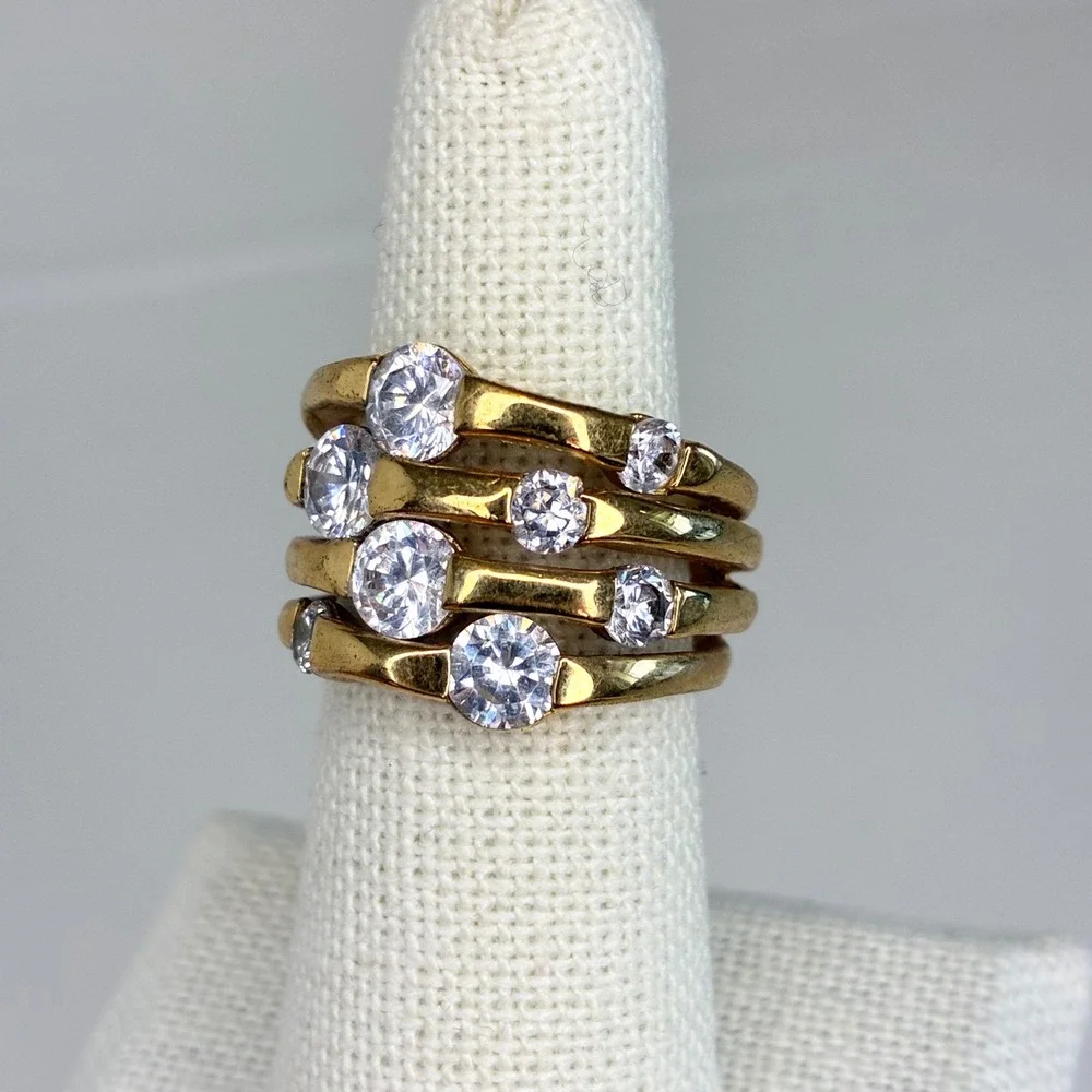 Vintage Ring Gold Tone Chunky Clear Stone Statement Multi Row Tiered Size 6.5