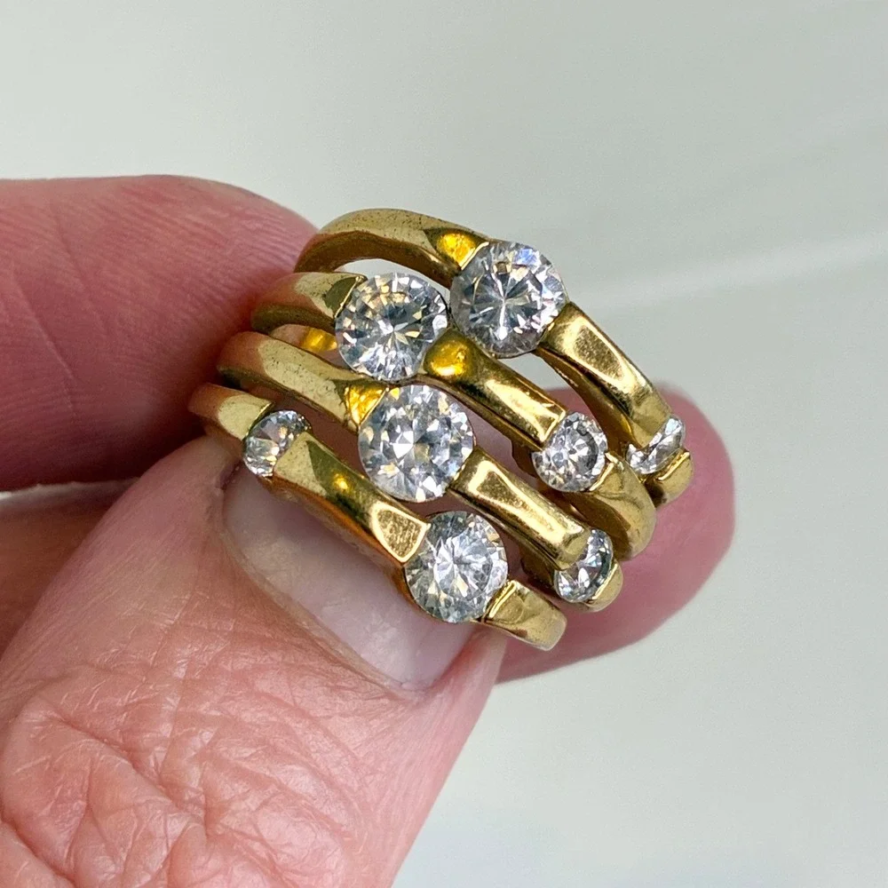Vintage Ring Gold Tone Chunky Clear Stone Statement Multi Row Tiered Size 6.5