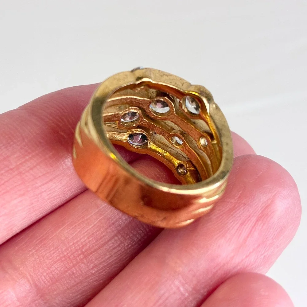 Vintage Ring Gold Tone Chunky Clear Stone Statement Multi Row Tiered Size 6.5