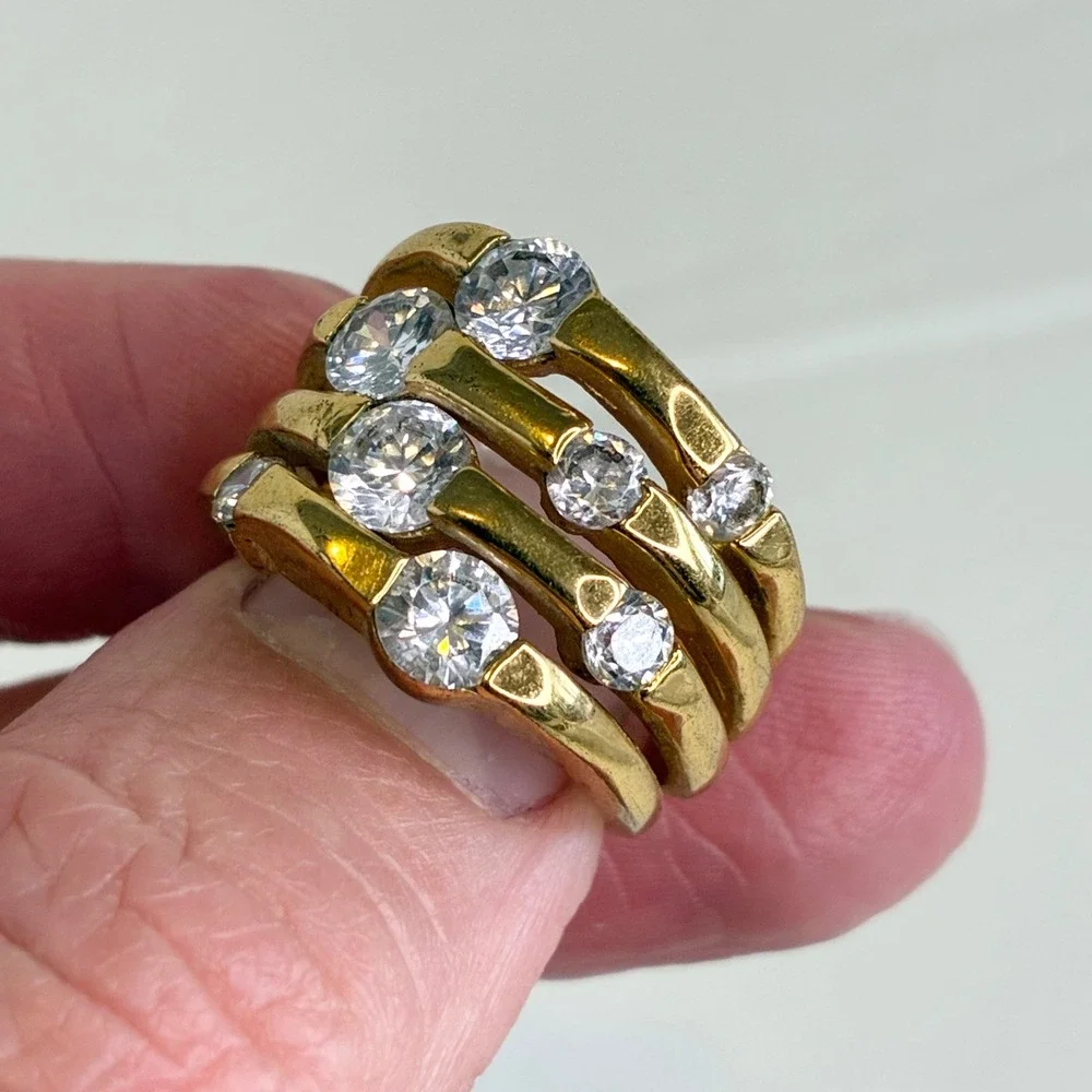 Vintage Ring Gold Tone Chunky Clear Stone Statement Multi Row Tiered Size 6.5