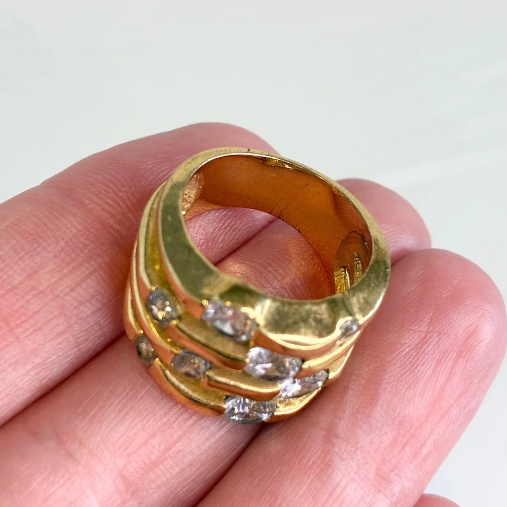 Vintage Ring Gold Tone Chunky Clear Stone Statement Multi Row Tiered Size 6.5