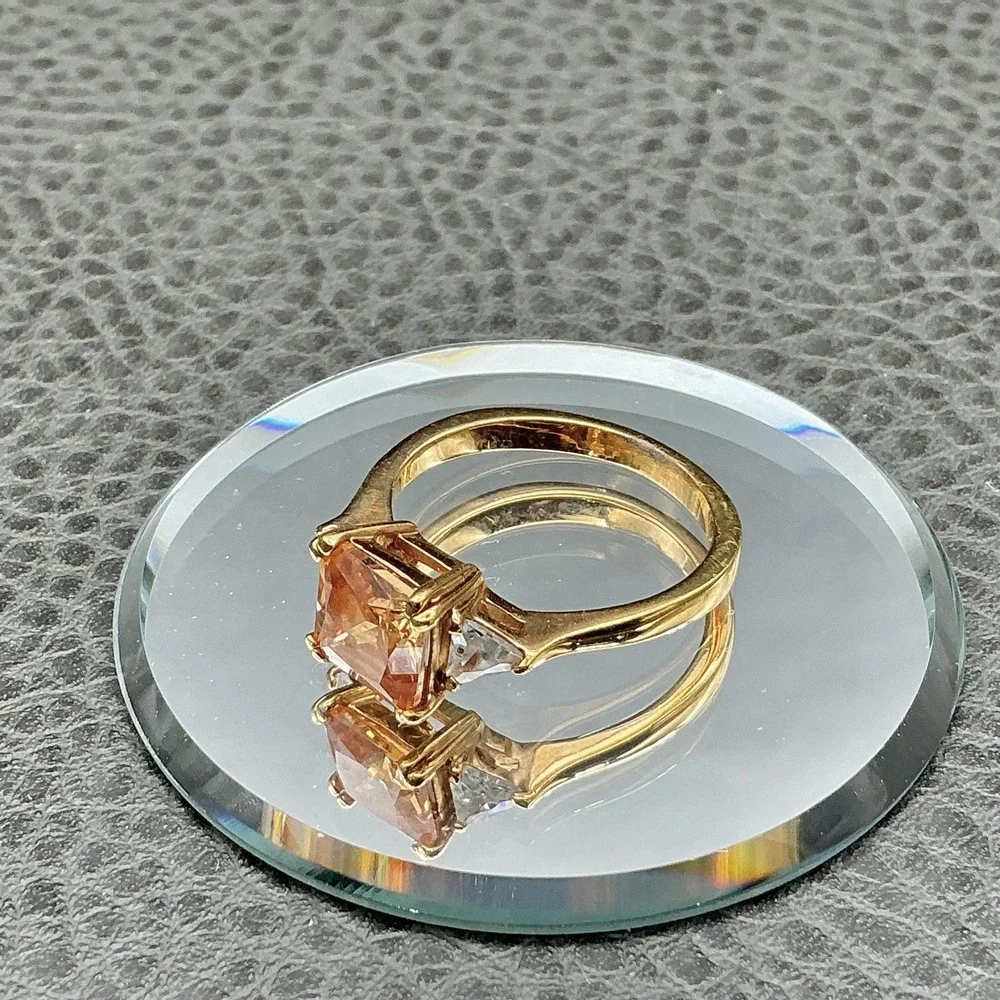 Ring Size 9 Gold Tone Champagne Square Stone Clear Sides Cocktail Womens Jewelry