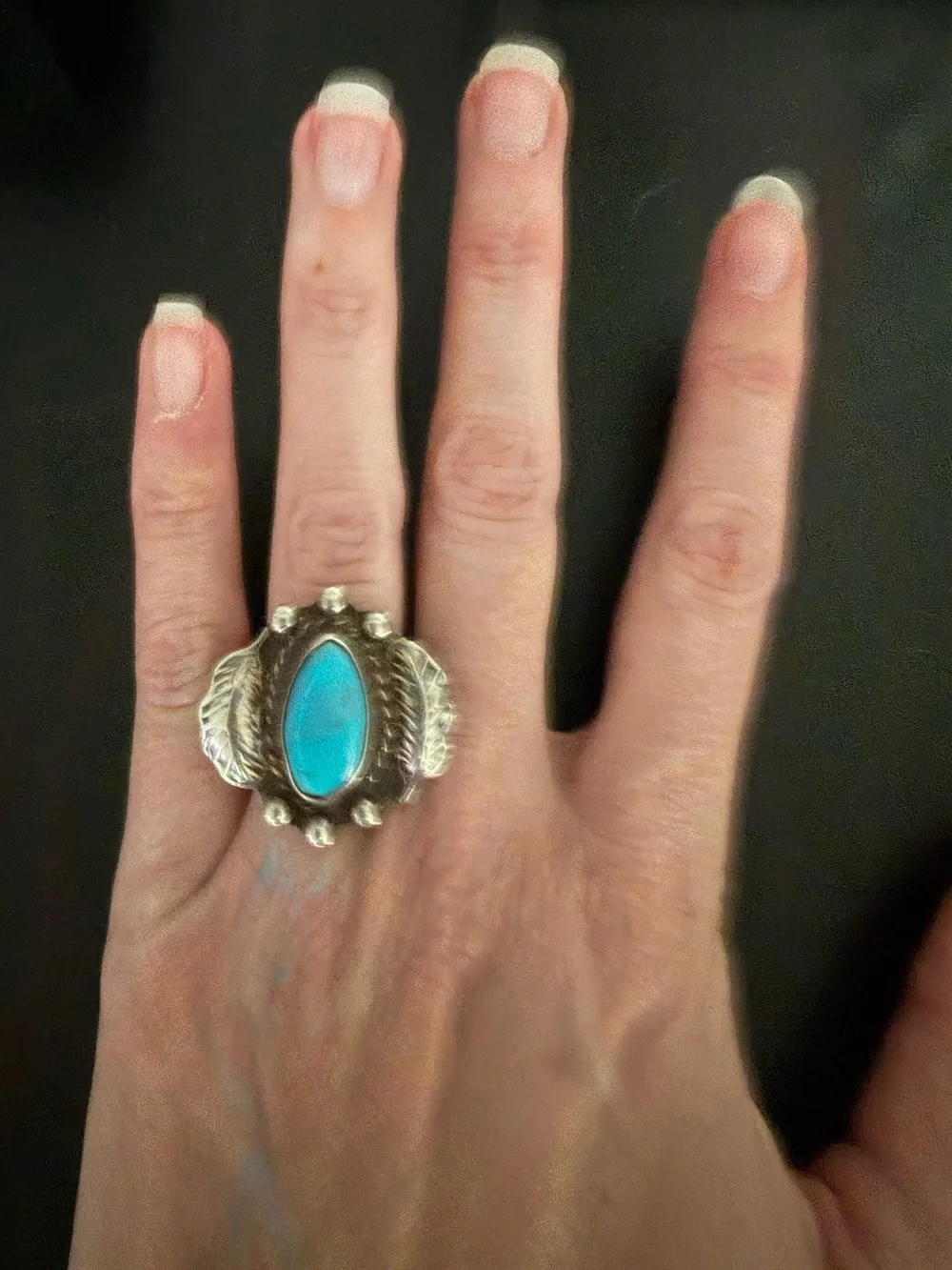 Vintage Navajo Diné Sleeping Beauty Turquoise Sterling Silver Feather Ring 6