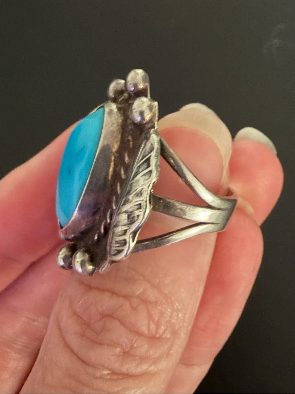 Vintage Navajo Diné Sleeping Beauty Turquoise Sterling Silver Feather Ring 6