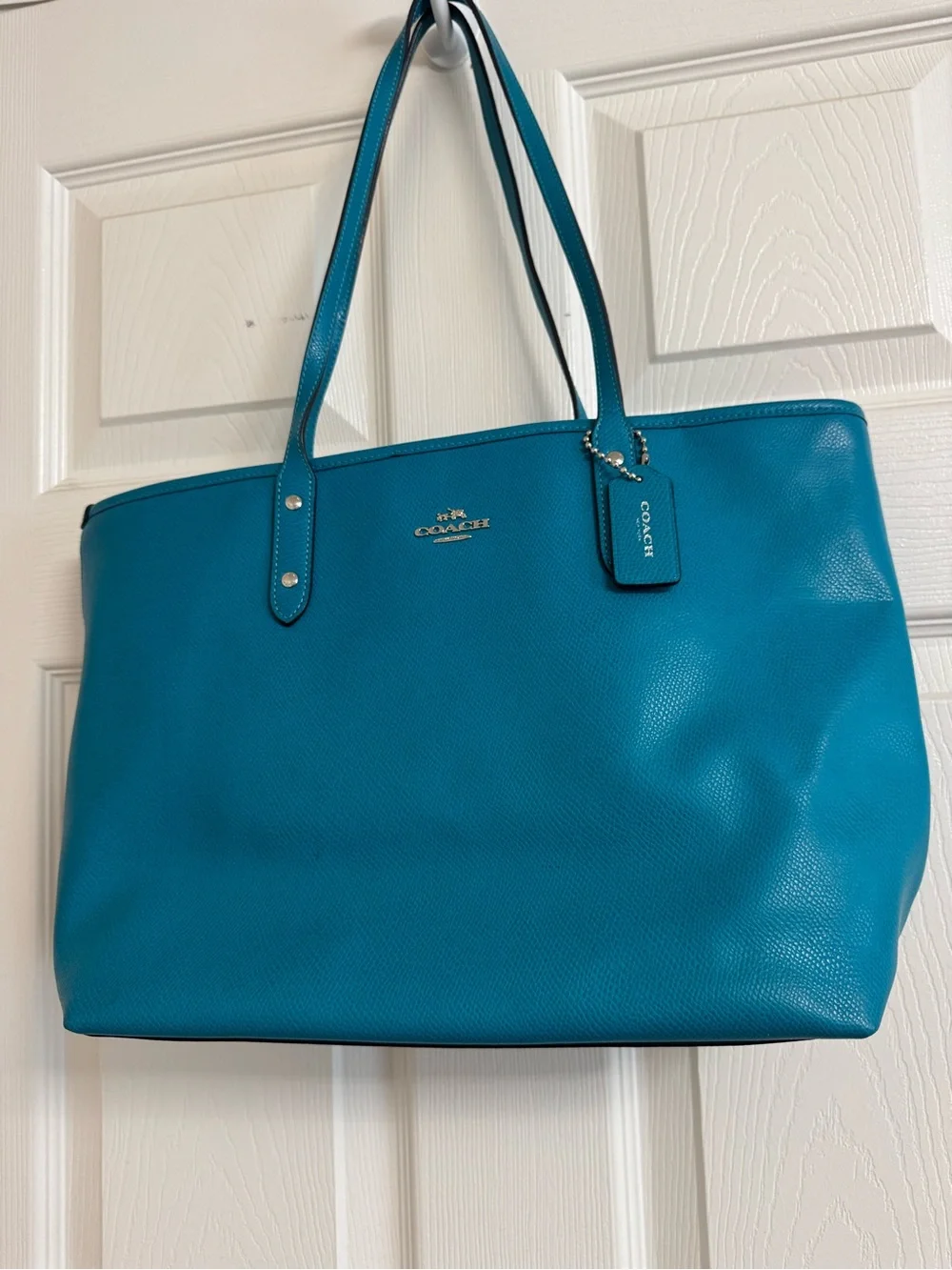 Coach Pebbled Leather Tote in Teal Blue