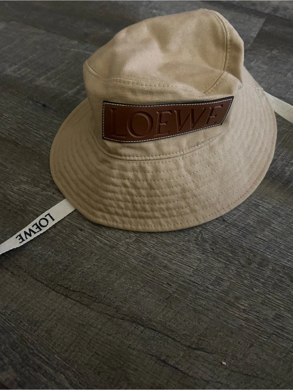Beige Canvas Bucket Hat with Leather Logo Patch