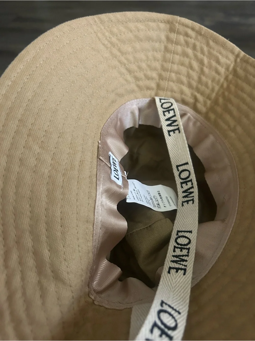 Beige Canvas Bucket Hat with Leather Logo Patch