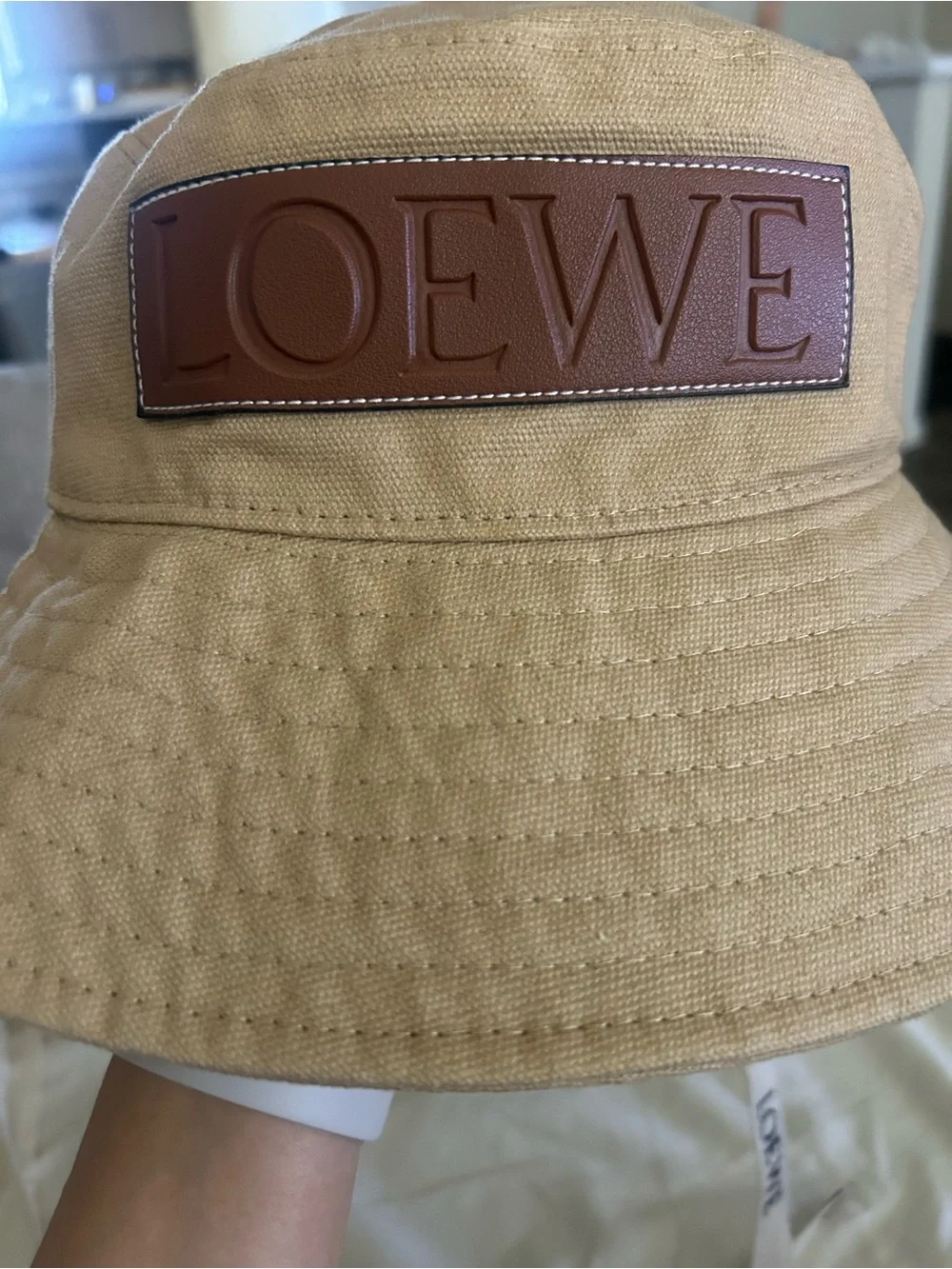 Beige Canvas Bucket Hat with Leather Logo Patch