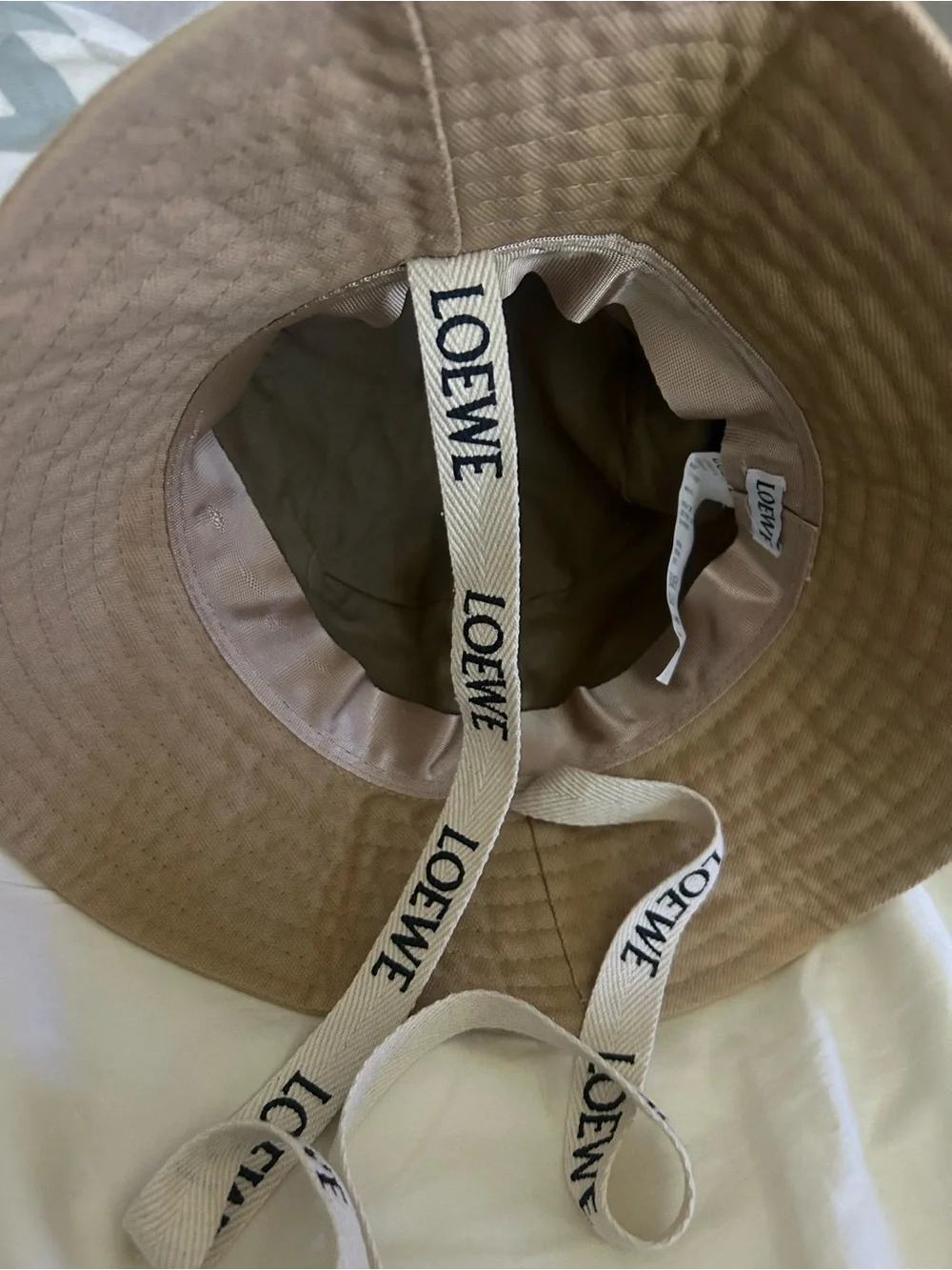 Beige Canvas Bucket Hat with Leather Logo Patch