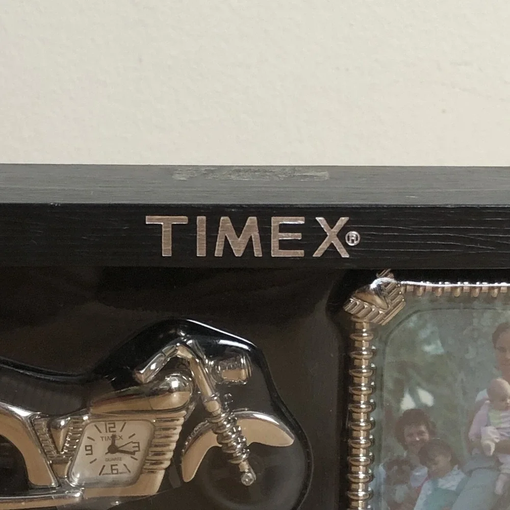 Vintage Timex Motorcycle Themed Desk Set Mini Clock & Picture Frame