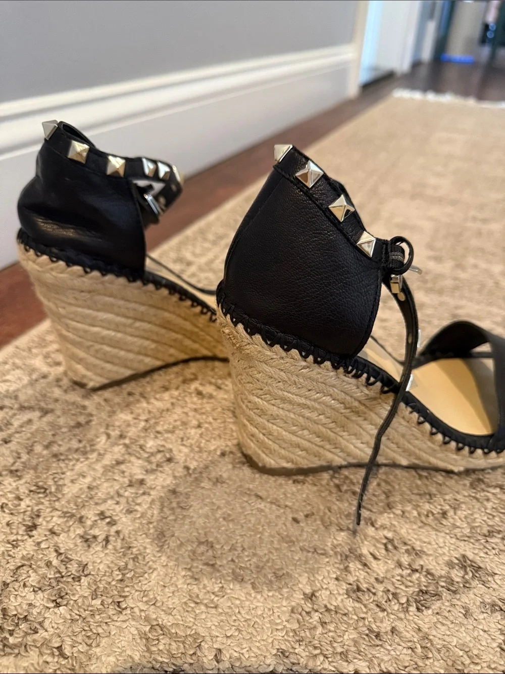 Marc Fisher Black Studded Espadrille Wedges