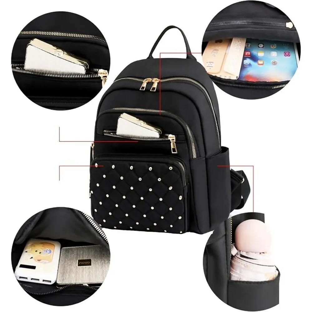 Mini Nylon Backpack for Women Lightweight Travel Purse G Black Small Trendy Bag